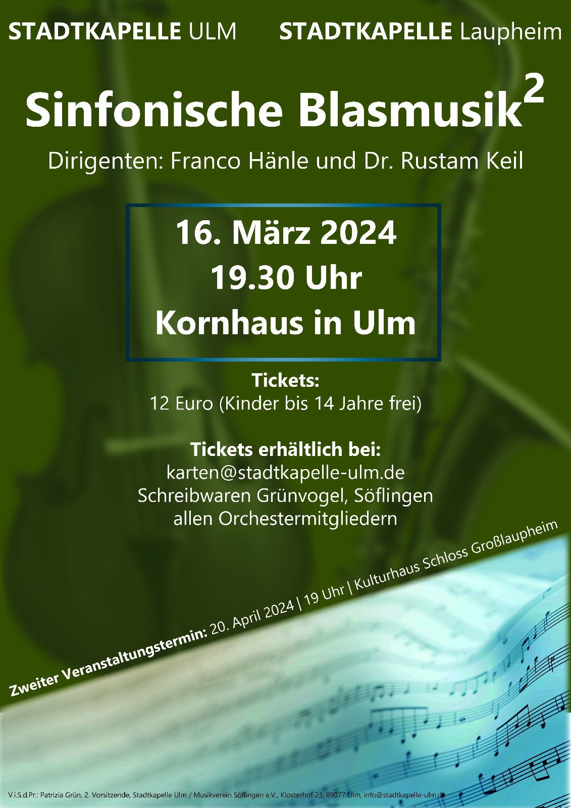 Plakat Gemeinsachaftskonzert Stadtkapellen Laupheim und Ulm, Kornhaus Ulm, 16-3.2024