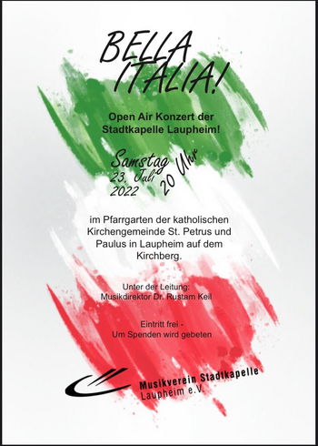 Flyer Konzert "Bella Italia" der Stadtkapelle Laupheim am 23.07.2022