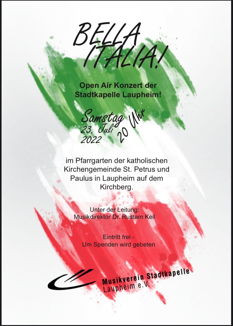 Flyer Konzert "Bella Italia" der Stadtkapelle Laupheim am 23.07.2022